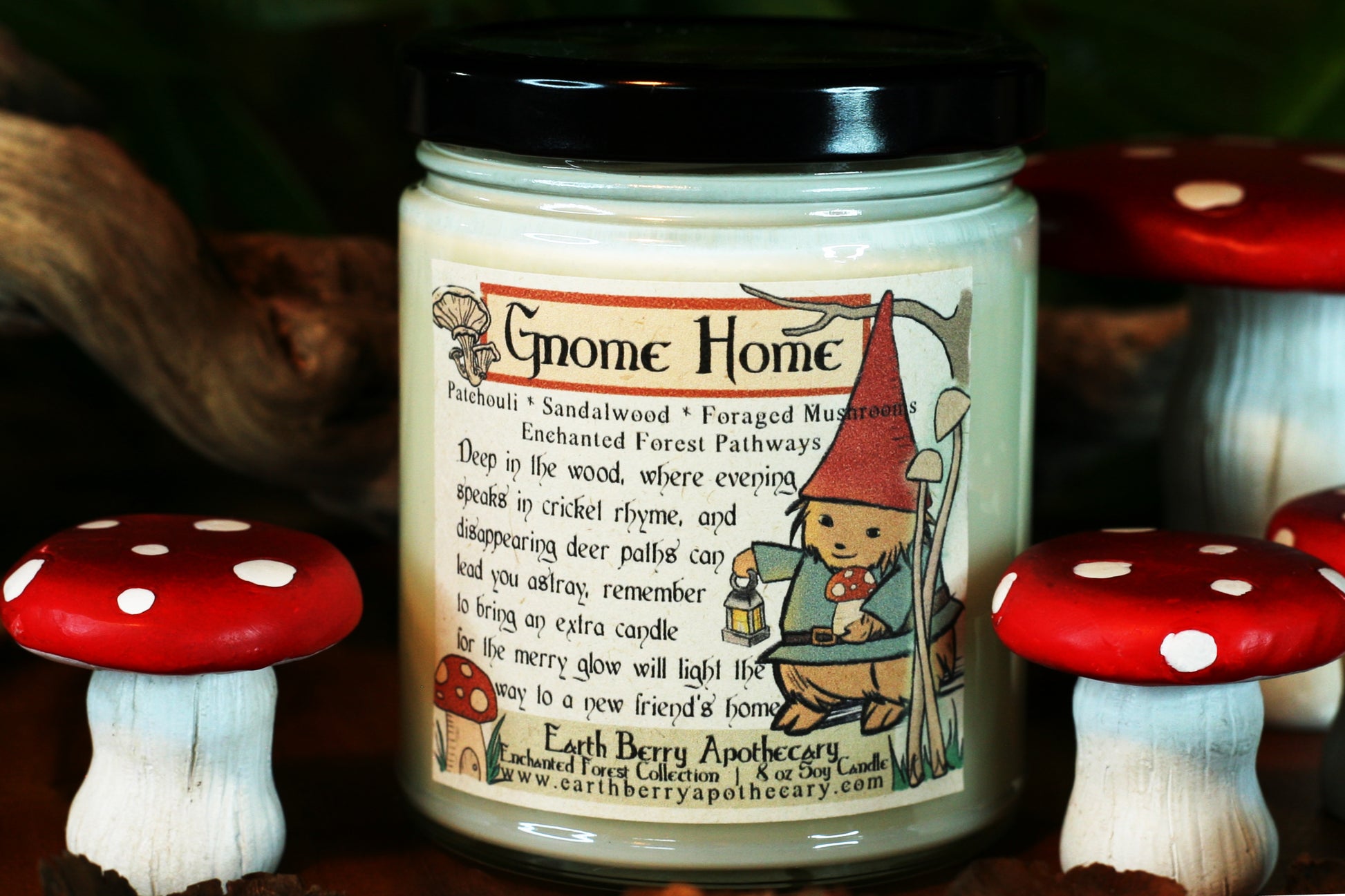 Gnome home patchouli sandalwood scented soy candle