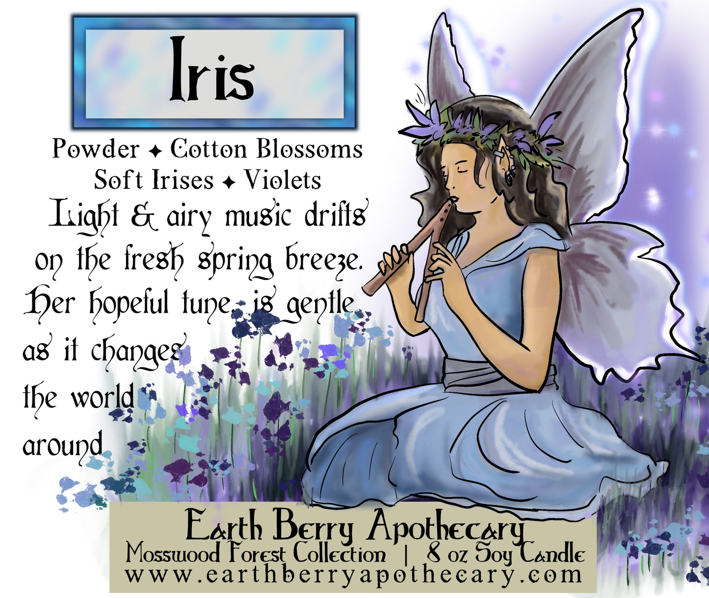 Cotton and Iris scented soy candle with a flower fairy  in a beautiful blue dress playing a flute.