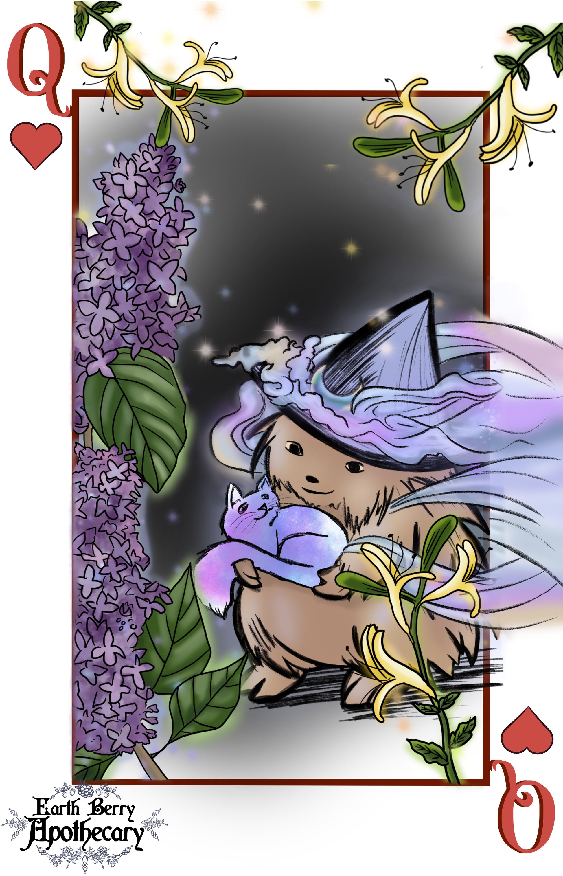 Fantasy themed playing cards. The queen of hearts playing card depicts the hedge witch dressed in glowing clouds. She holds a cosmic cat. Lilacs and honeysuckle grow around the borders.