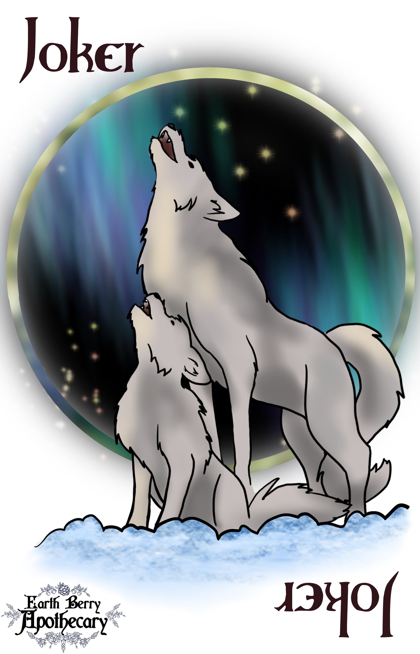 Fantasy themed playing cards. The other joker depicts 2 howling wolves. A mother wolf and her baby. Northern lights or Aurora borealis glow in a sky of stars behind them.