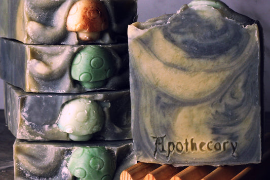 black and green swireles patchouli Sandalwood handmade soap with cute mushroom embeds