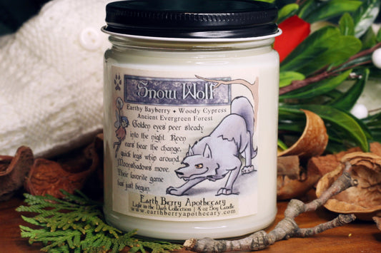 Snow wolf cypress and bayberry scented soy candle. Fantasy nature candles. Always clean burning and nontoxic.