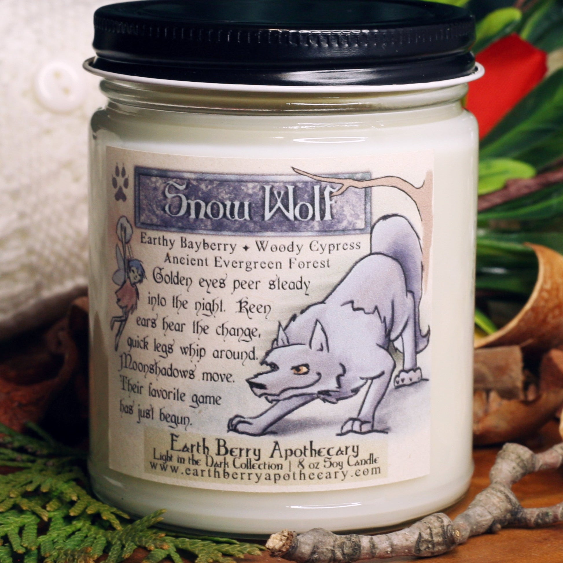 Snow wolf candle. Cypress and bayberry scented winter candle