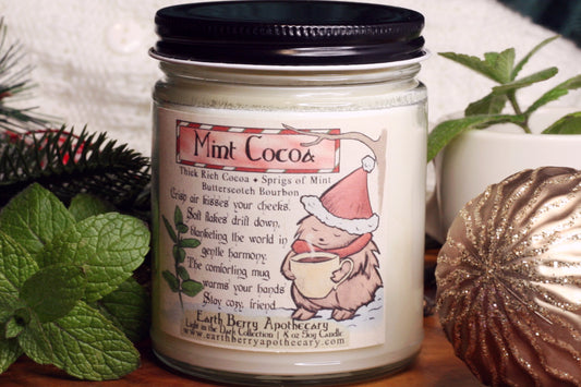 Peppermint Cocoa scented soy candle with bourbon. Always clean burning and nontoxic.