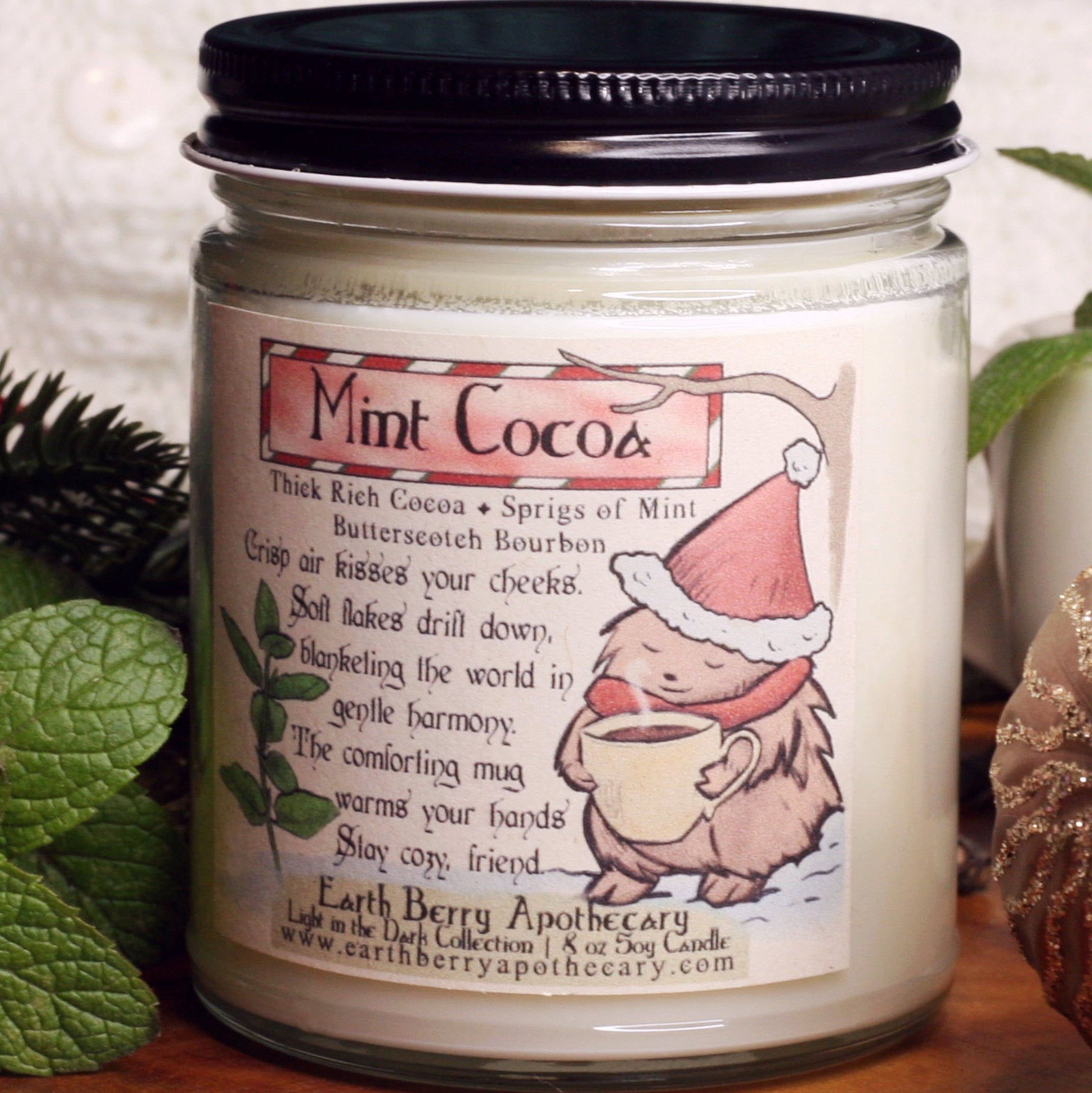 Peppermint Cocoa scented soy candle with bourbon. Always clean burning and nontoxic.