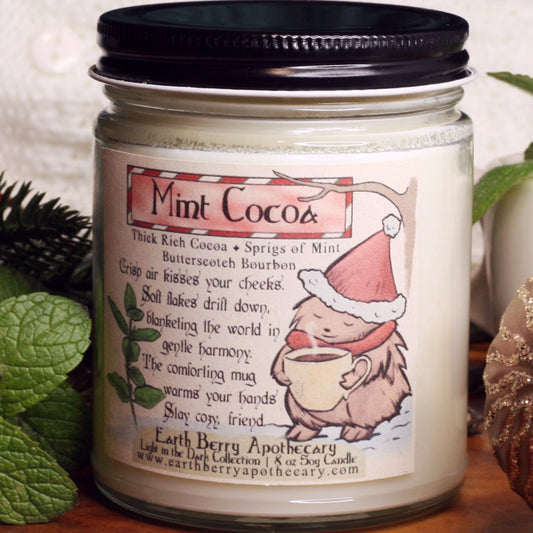 Peppermint Cocoa scented soy candle with bourbon. Always clean burning and nontoxic.