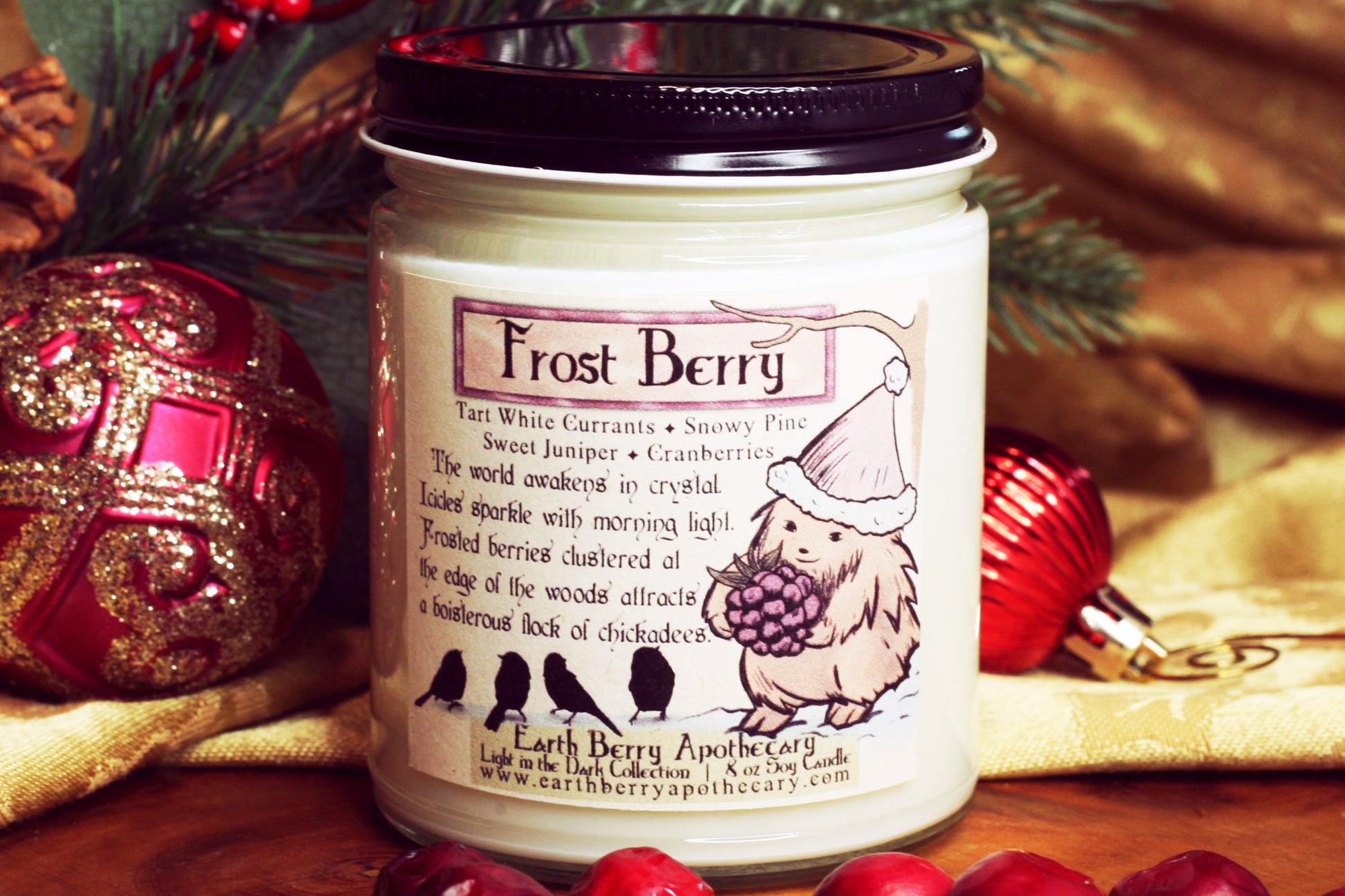 Frost berry fantasy soy candle scented with cranberries, currants, and pine. Always clean burning and nontoxic