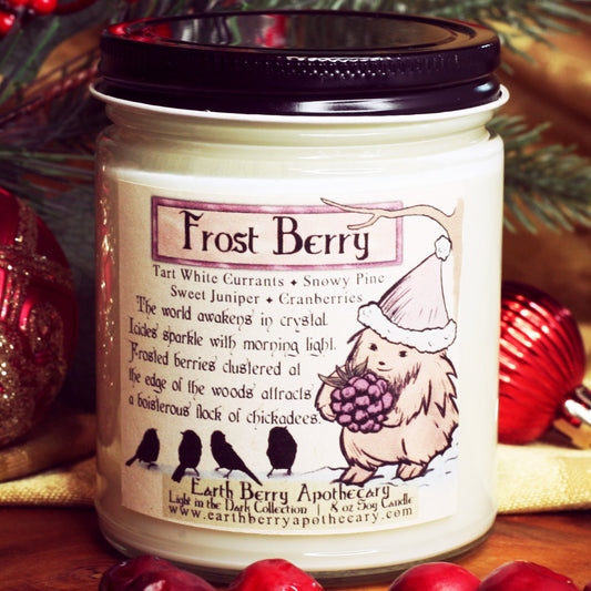 Frost berry fantasy soy candle scented with cranberries, currants, and pine. Always clean burning and nontoxic