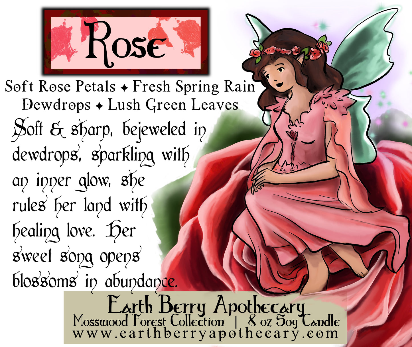 Rose scented flower fairy soy candle with a fairy wearing a beautiful pink dress.