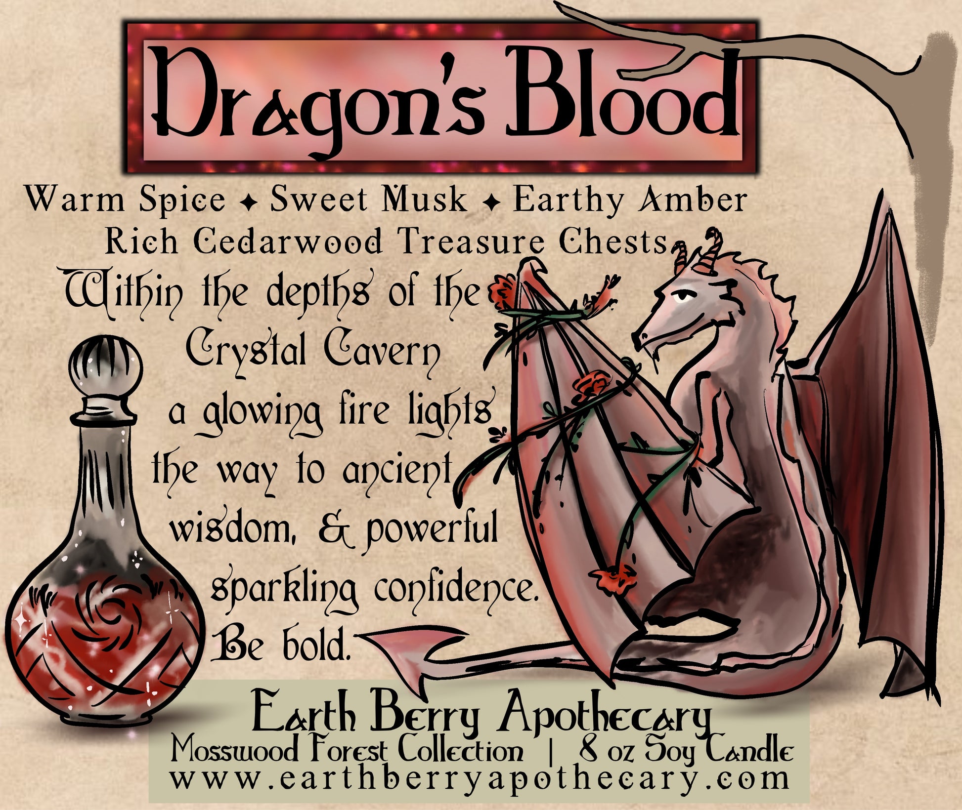 Dragons Blood scented soy candle, with a red dragon and crystal decanter.