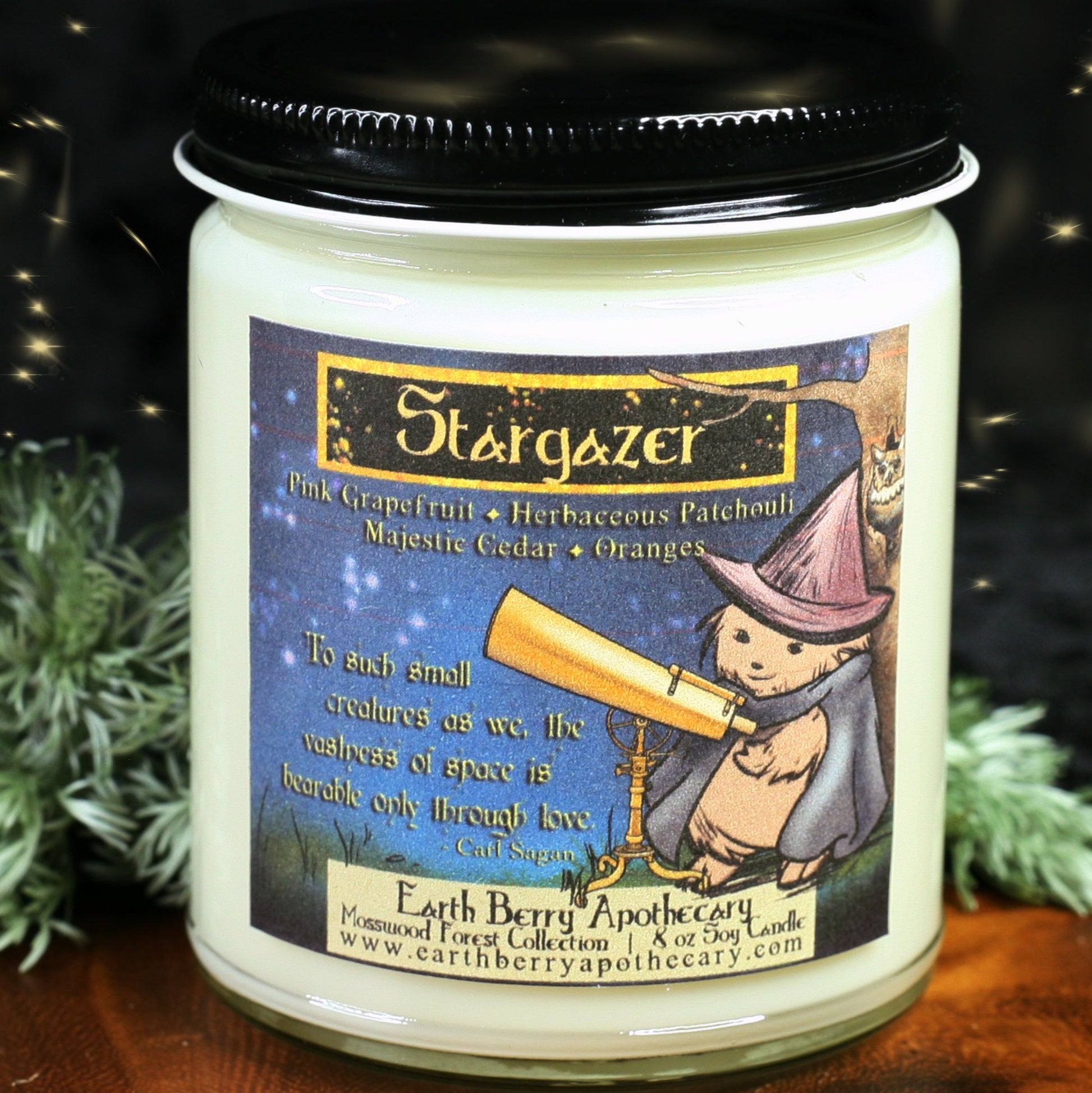 Stargazer soy candle with the hedge witch using an old fashioned telescope. Scented in grapefruit and patchouli, this candle is set in an earthy, forest scene with glowing stars.