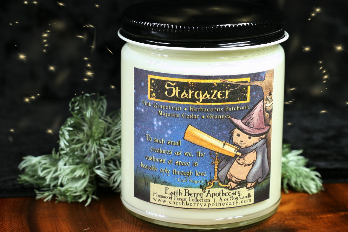 Stargazer soy candle with the hedge witch using an old telescope. An owl sits in a tree hollow. The scent is grapefruit and patchouli 