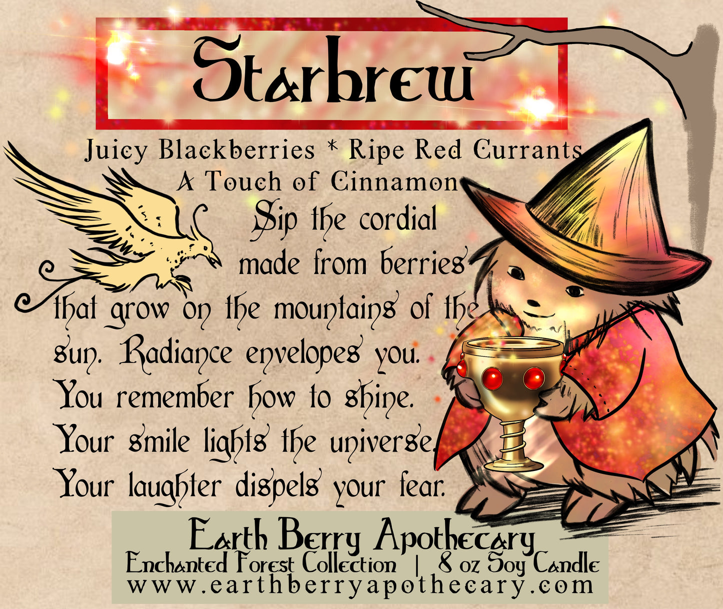 Starbrew soy candle scented with blackberries, currants, and cinnamon. A hedge witch holds a golden glowing goblet while a bird flies from the mountains of the sun.