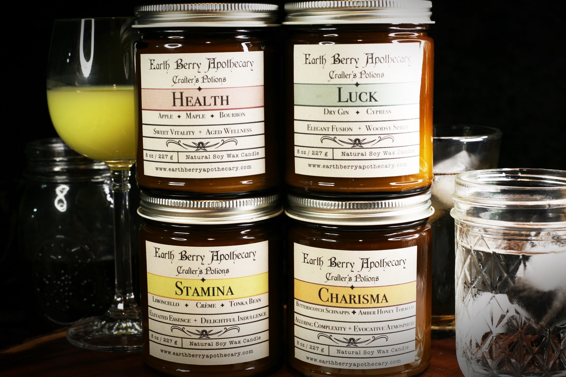 Potions for health, luck, stamina, and charisma. Nontoxic scented soy wax candle set.
