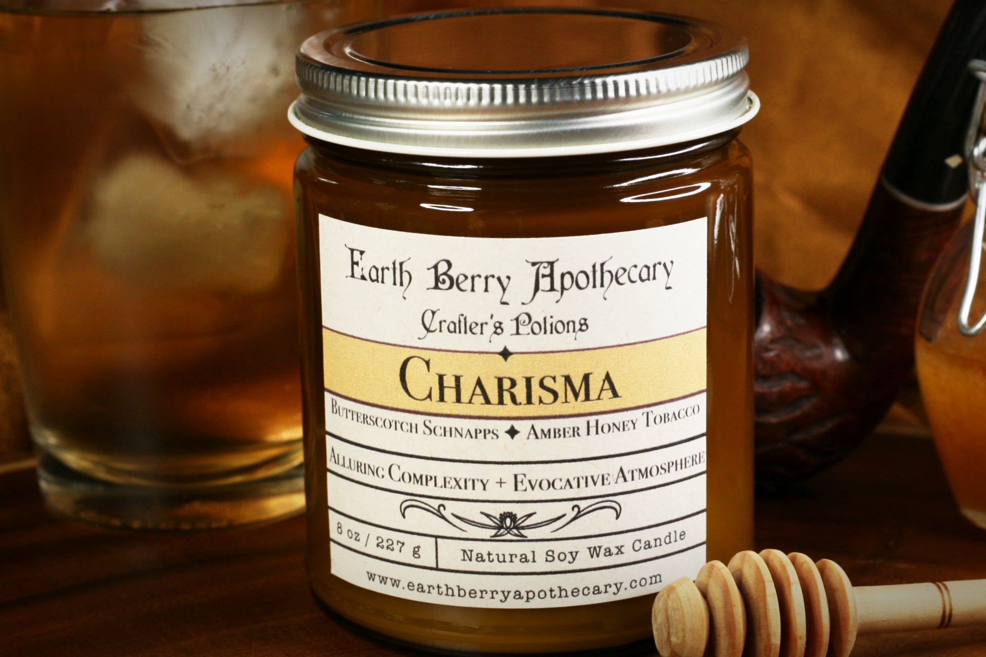 Charisma potion. Nontoxic soy candle with butterscotch bourbon schnapps and amber honey tobacco.