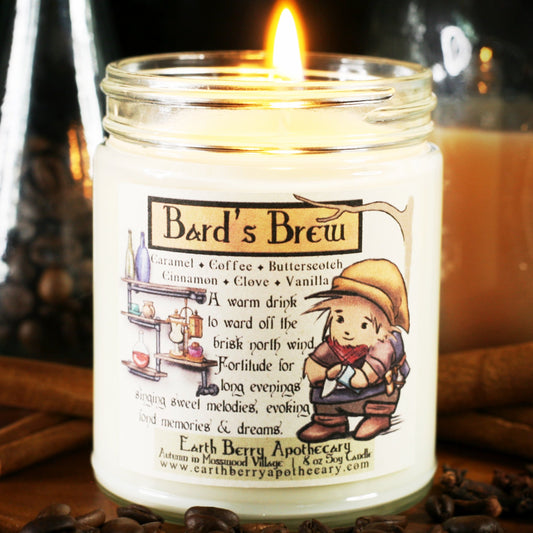 Bards brew candle has a fantasy tavern bar with a kind hedgehog bartender wiping a clean glass. The scent is coffee caramel butterscotch cinnamon clove and vanilla