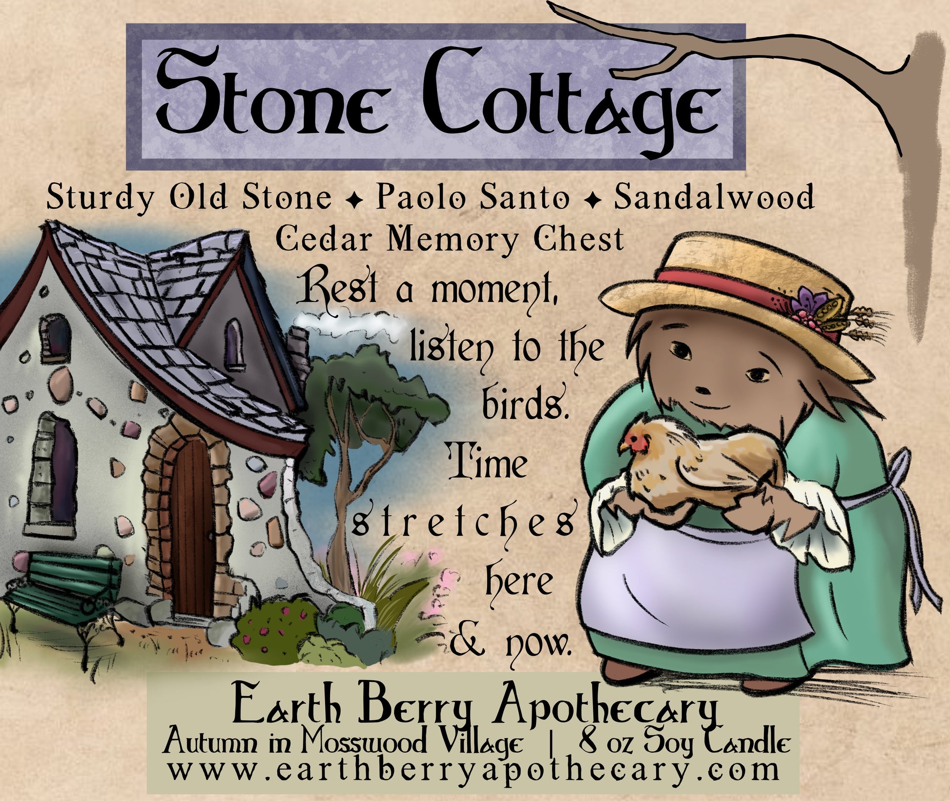 Stone Cottage soy candle with an old stone house and a hedgehog wearing a green dress, holding a chicken. The scent is stone, cedar, sandalwood, and paolo santo.