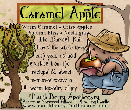 Caramel apple scented soy candle with a hedgehog holding a green apple dipped in caramel.