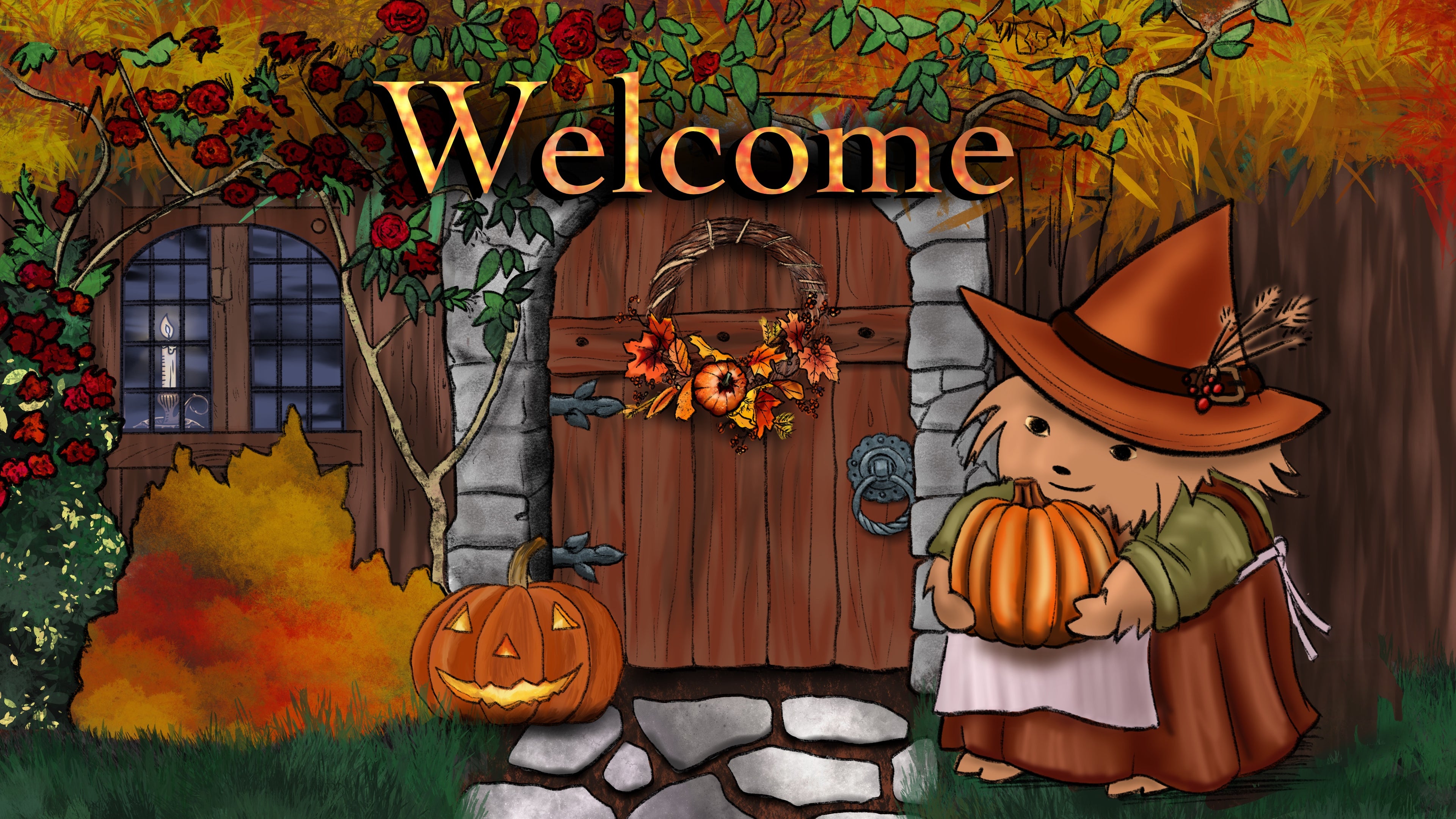 Welcome sign over the apothecary. The hedgehog hedge witch wears an autumn hat and holds a pumpkin. Colorful leaves surround her home.