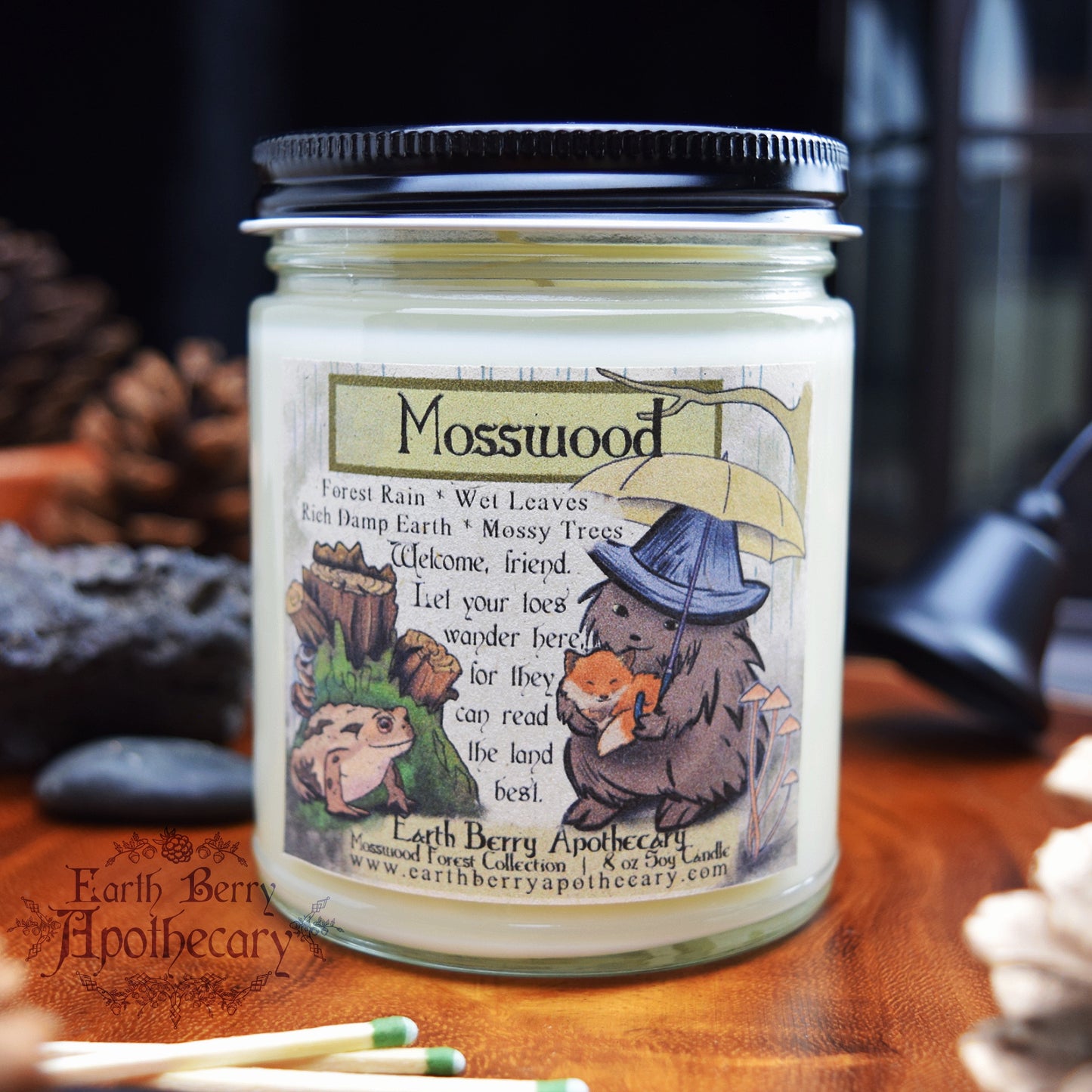 Fresh moss scented candle with rain and wet leaves