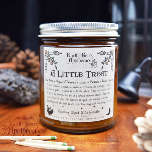 Blackberry berry scented crackling wood wick candle called A Little Treat