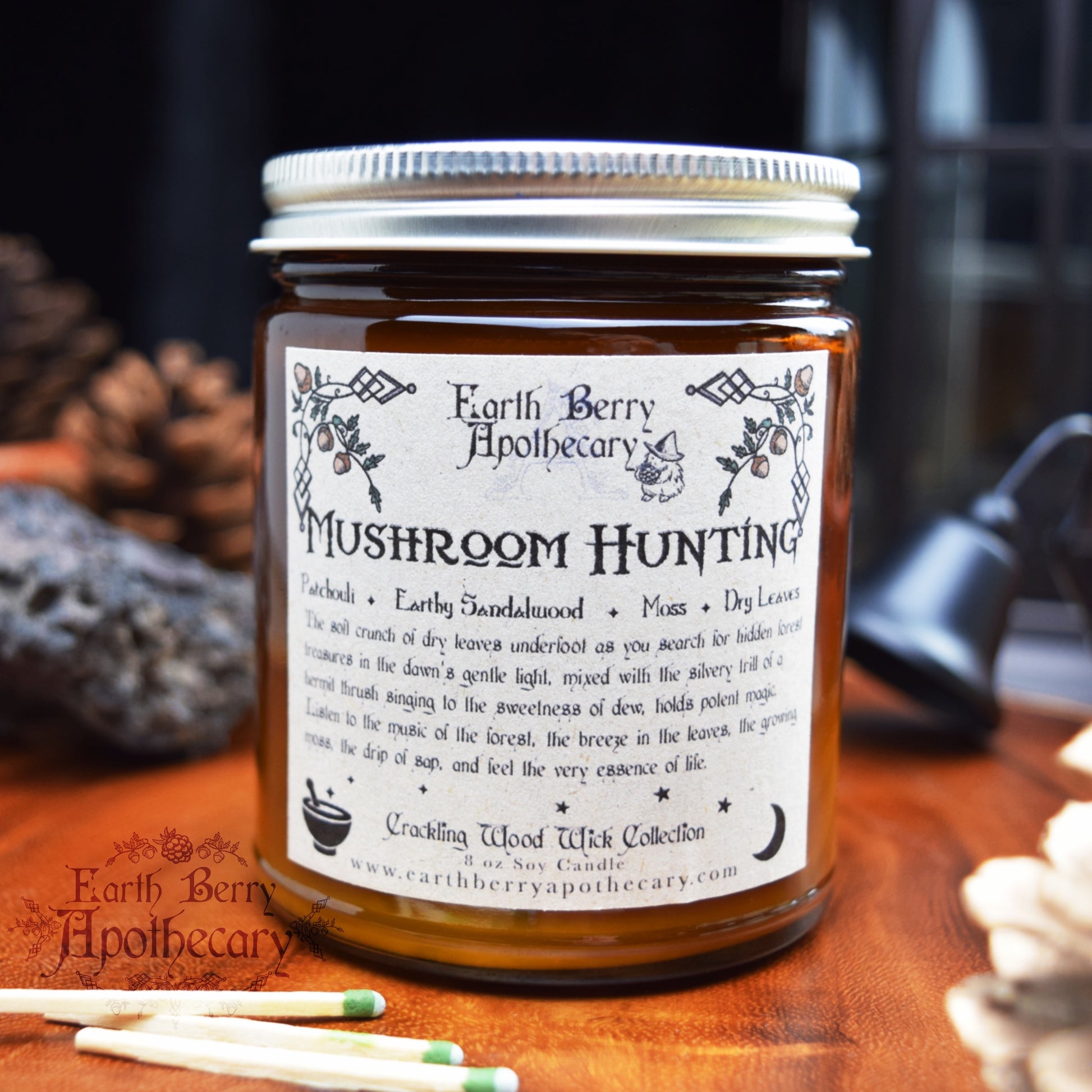 Patchouli sandalwood scented crackling wood wick candle called mushroom hunting