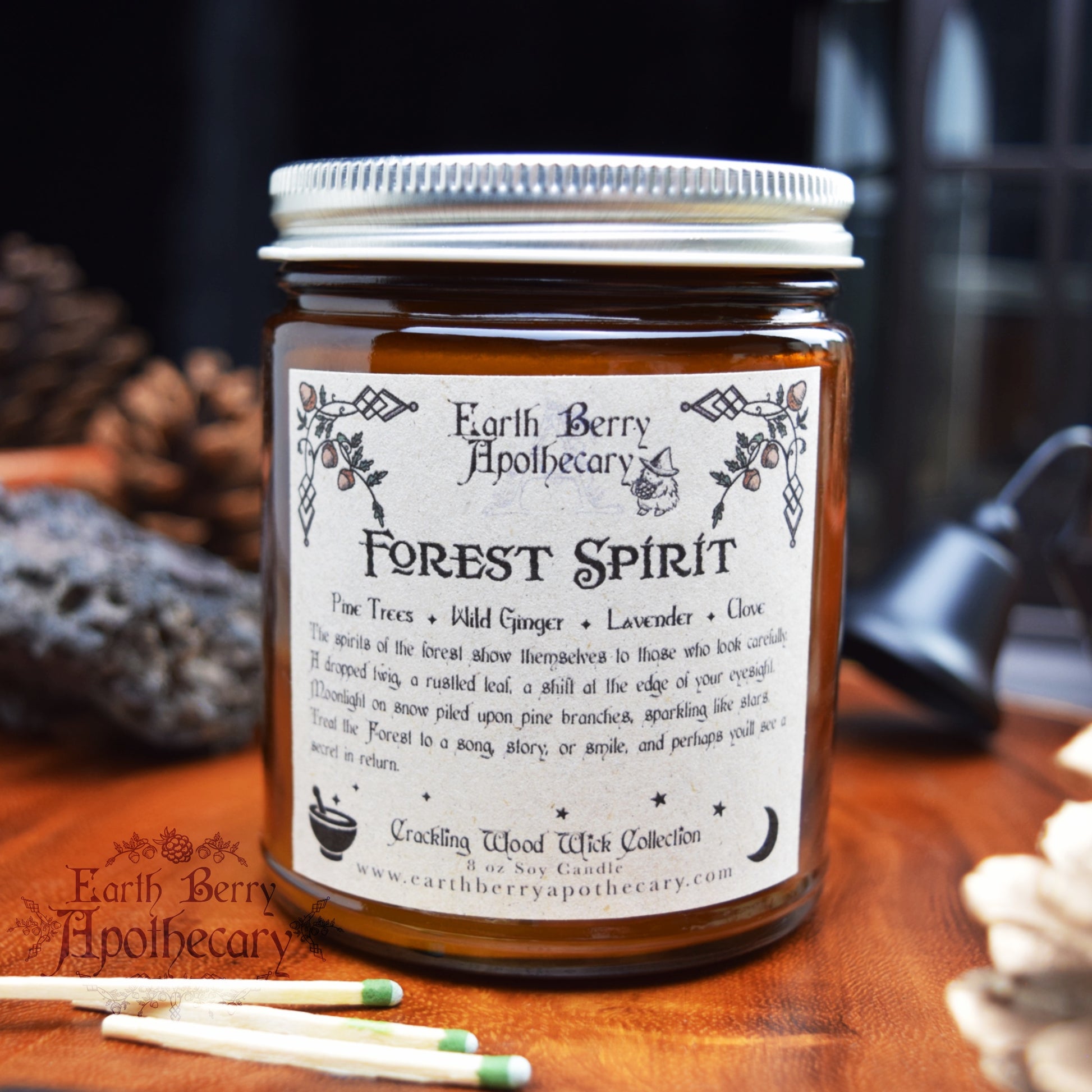 Cinnamon clove and pine scented crackling wood wick fantasy nature candle callled Forest spirit