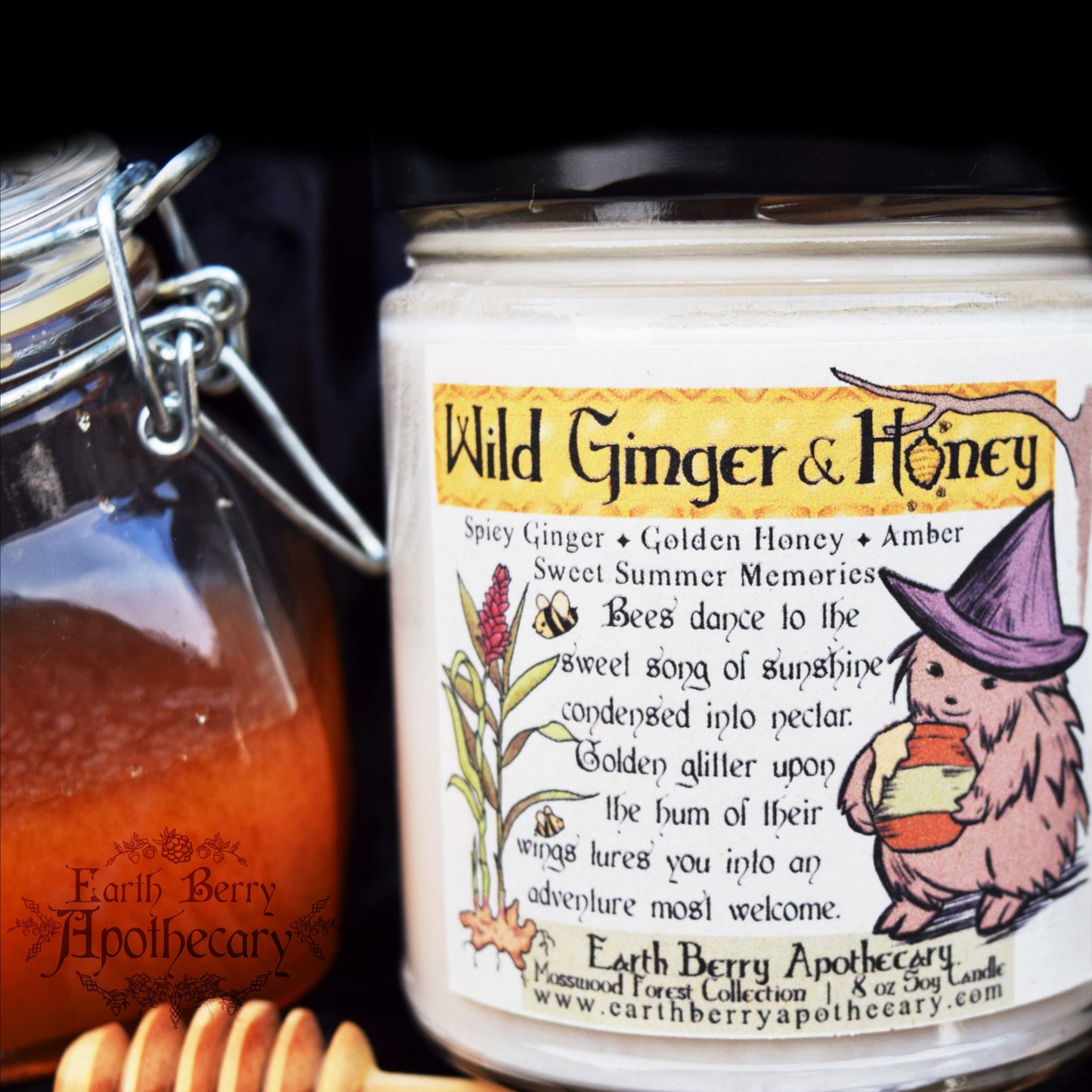 Wild ginger and honey candle with witchy nature fantasy theme 