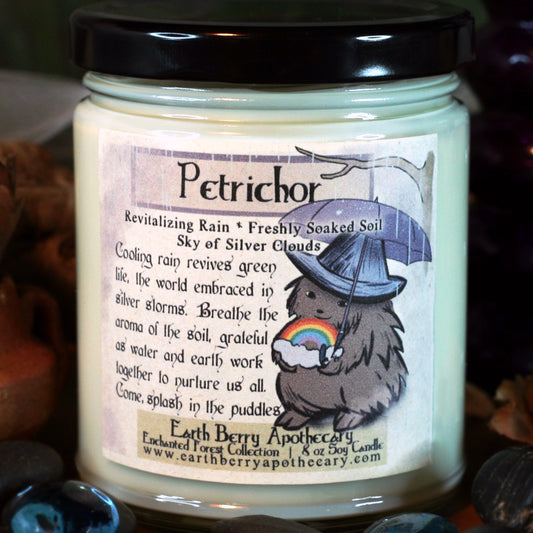 Petrichor candle scented with rain and thunderstorms. A cute candle fantasy themed with hedgehog holding a rainbow and an umbrella