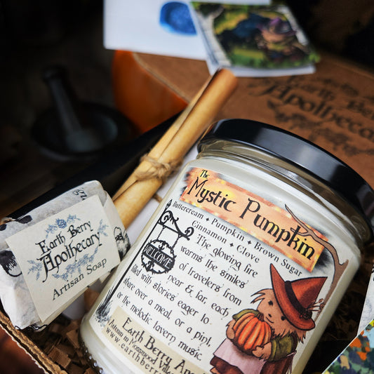 Best pumpkin spice candle fantasy set with soap and art on a rustic background 