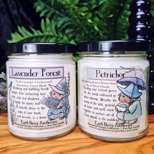 Two jars of Earth Berry Apothecary candles labeled 'Lavender Forest' and 'Petrichor' on a wooden surface with a green leafy background.
