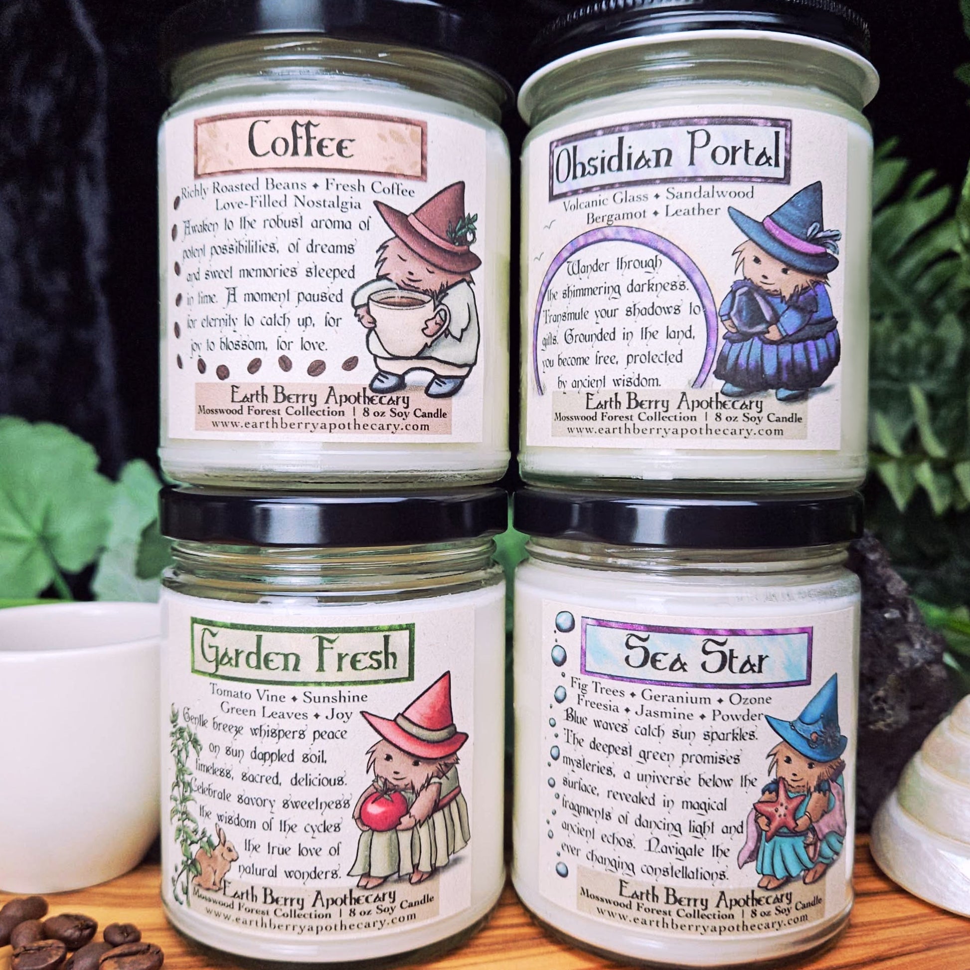 Candle set of four featuring cartoon hedgehogs wearing clothes and with hats and holding various objects