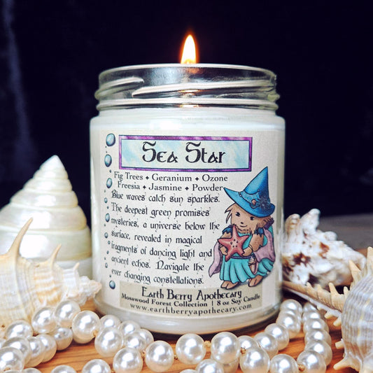 Lit candle labeled 'Sea Star' with a hedgehog witch illustration, surrounded by pearls and shells on a dark background.
