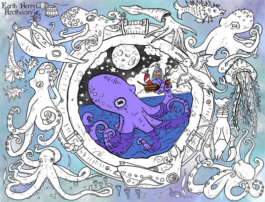 ocean and sea coloring page with octopus and squid