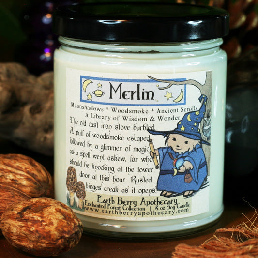 Scrolls and book and woodsmoke scented fantasy candle named Merlin 