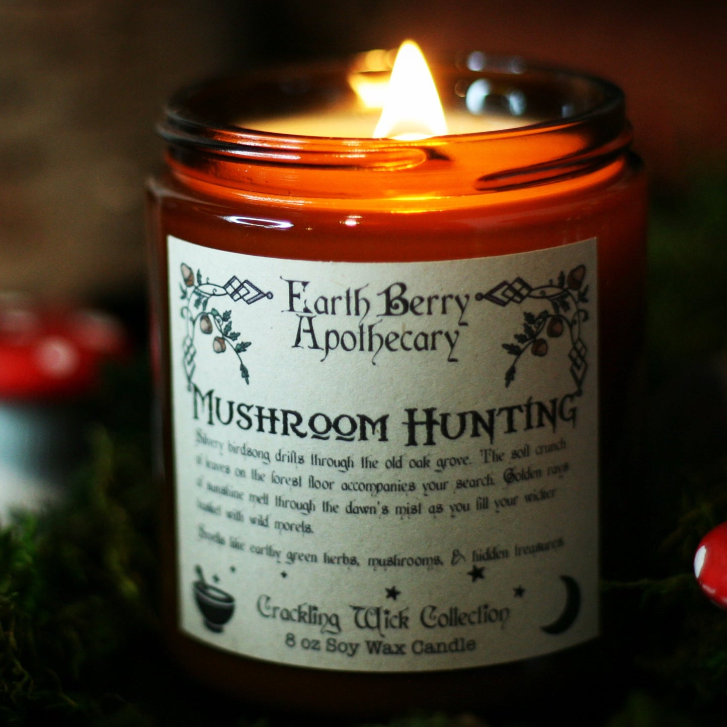 Patchouli sandalwood crackling wood wick candle called mushroom hunting